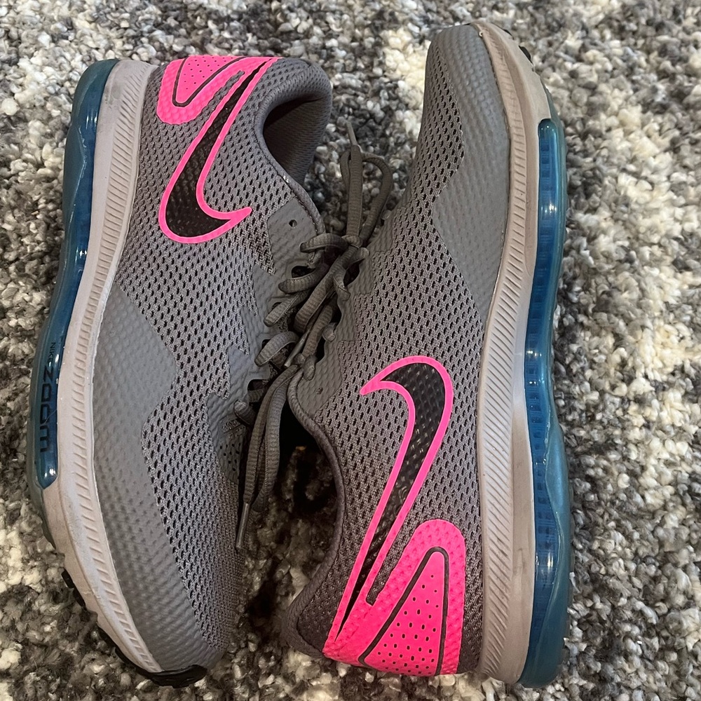 Nike Gray Mesh Sneakers with Pink Swoosh and Blue Air Sole